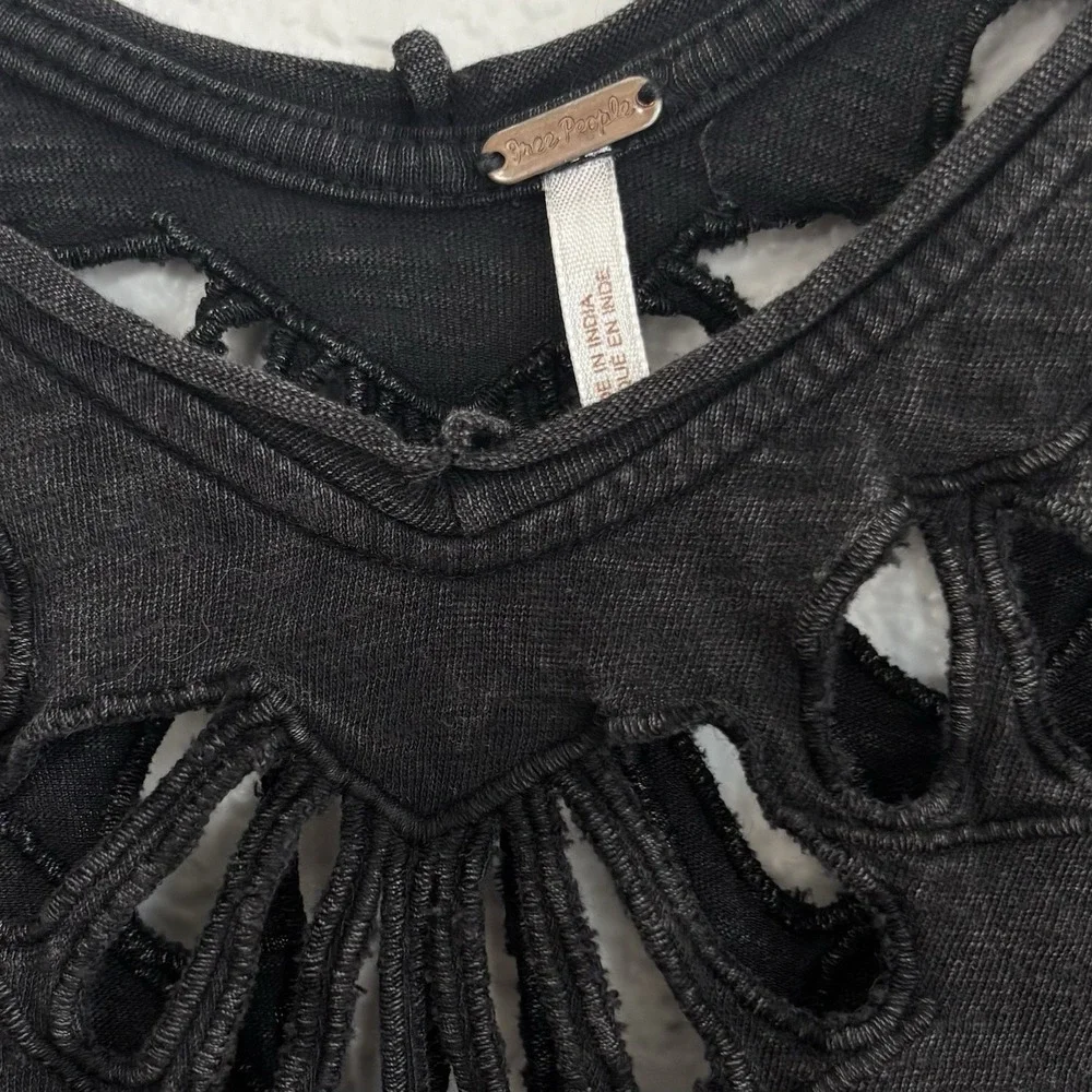 Free People Black Cutout Crochet Neck Short Sleeve Oversized Cotton Top Small